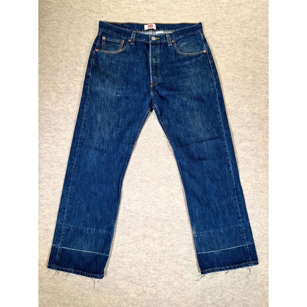 Levis 501 Original Fit Straight Jeans Mens 36x30 Blue Denim Button Fly Raw Hem‎